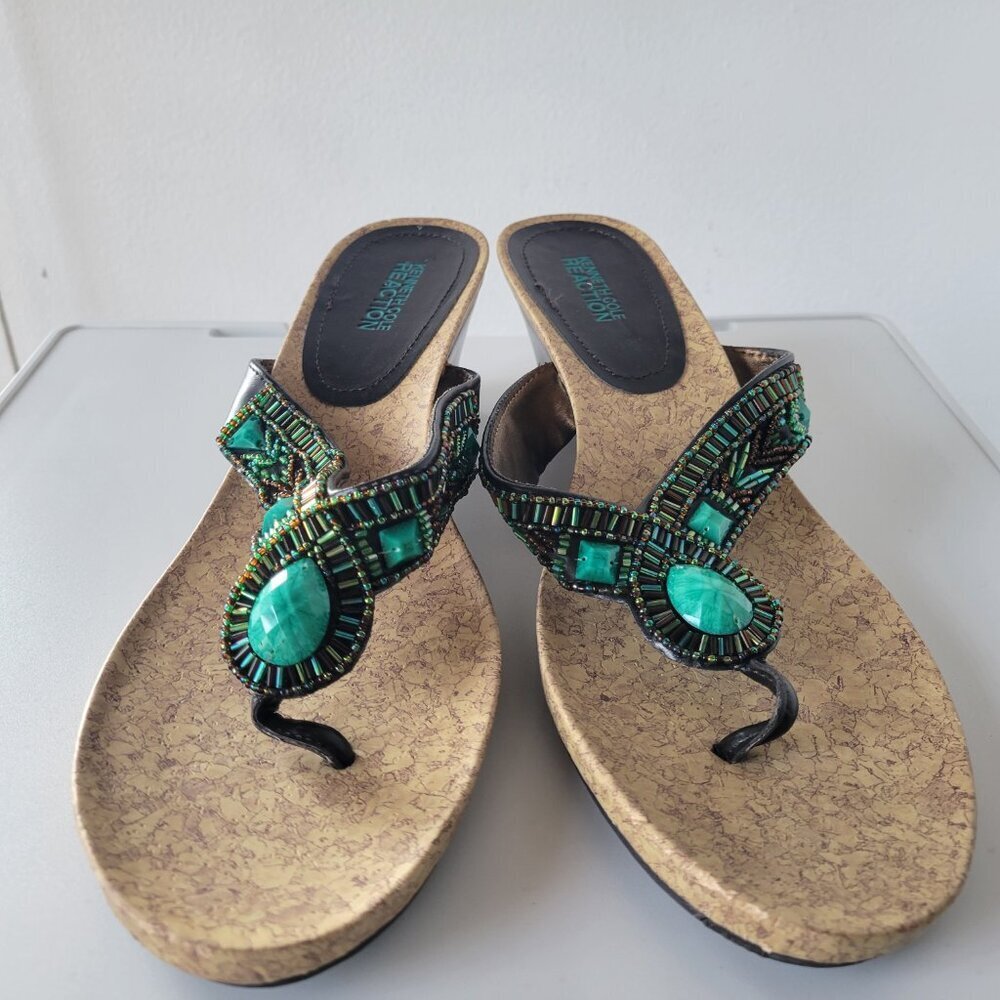 Kenneth Cole Boho Style Green beaded Wedge Sandals (Size: 9½) - Picture 5 of 9